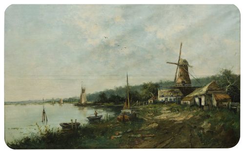 FRANS VAN LINT, "Paisaje holandés con lago y molino", Óleo