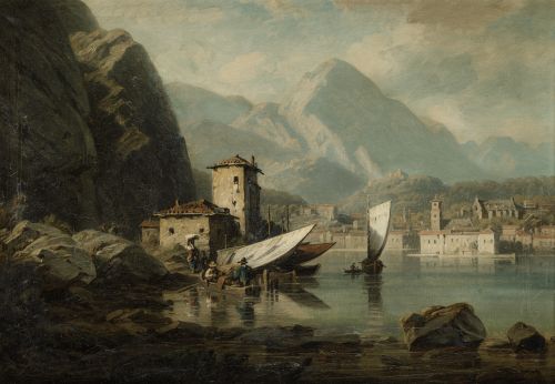 AGOSTO SIEDEL, "Paisaje con lago y pescadores", Óleo sobre