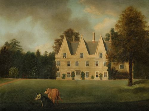 ESCUELA INGLESA, "Mansión inglesa con vacas", Óleo sobre li