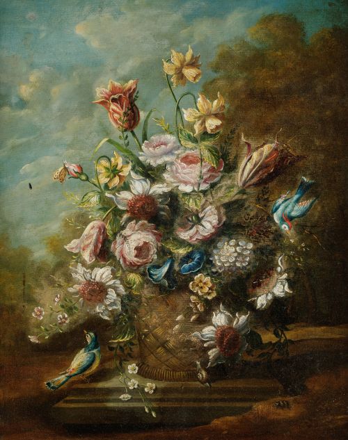 ANÓNIMO, "Cesto con flores", Óleo sobre lienzo