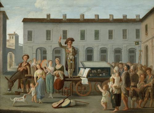 ESCUELA FRANCESA, "Curandero ambulante", Óleo sobre hojalata