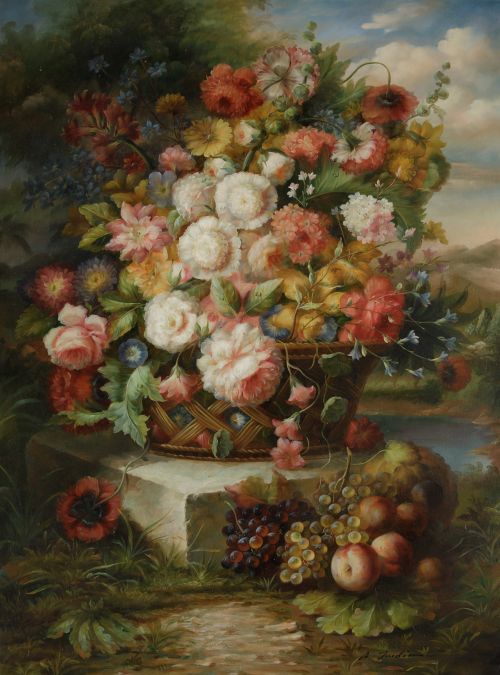 A. JARDÍN , "Cesto con flores", Óleo sobre lienzo