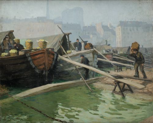 HENRI JEAN BAPTISTE GOUSSÉ, "Vista de un puerto francés ¿Bu