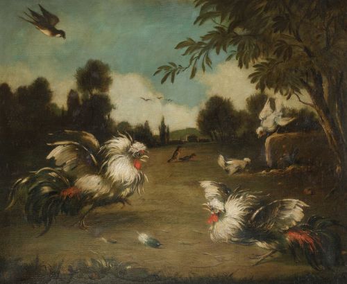 ANÓNIMO, "Pelea de gallos", Óleo sobre lienzo