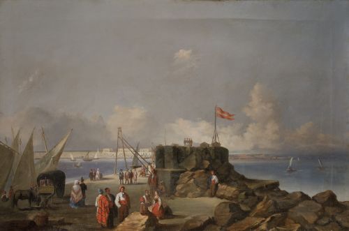 ESCUELA ESPAÑOLA , "Puerto español", 1852, Óleo sobre lienzo