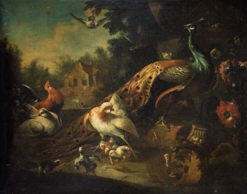 SEGUIDOR DE MELCHIOR DE HONDECOETER, "Aves de corral", Óleo