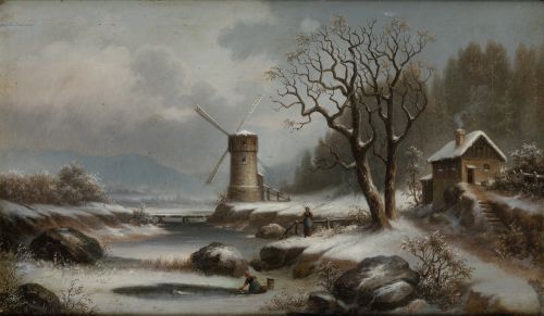 ESCUELA HOLANDESA, "Paisaje nevado", Óleo sobre lienzo