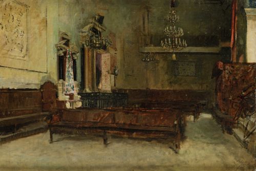 SALVADOR SÁNCHEZ BARBUDO, "Interior de iglesia", Óleo sobre