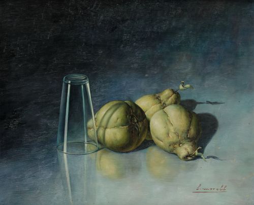 LUIS MORELL, "Bodegón con peras", Óleo sobre tablex