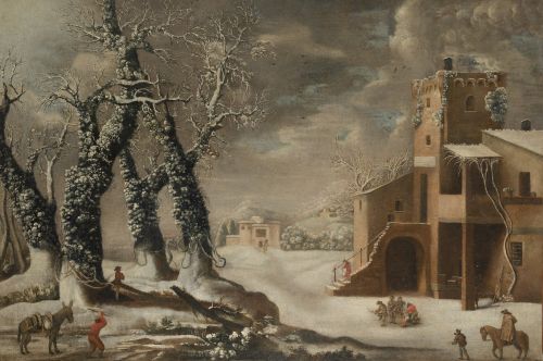 ESCUELA FLAMENCA, "Paisaje invernal", Óleo sobre lienzo.