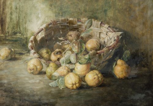 JOSE SANCHO GONZALEZ, "Cesta de membrillos", Óleo sobre lie
