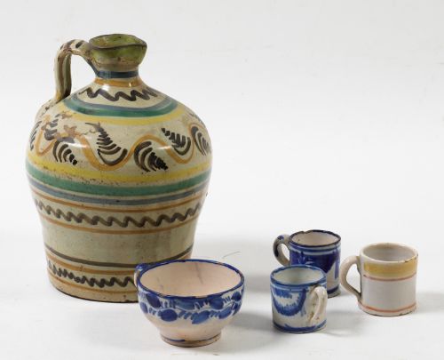 Tres tazas levantinas, una taza de Talavera y una alcuza de