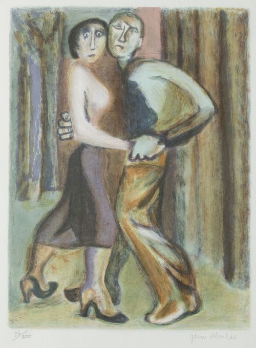 JUAN ALCALDE, "Bailarines", Litografía sobre papel