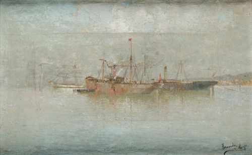 FRANCISCO HERNÁNDEZ MONJÓ, "Barcos en el puerto", Óleo sobr
