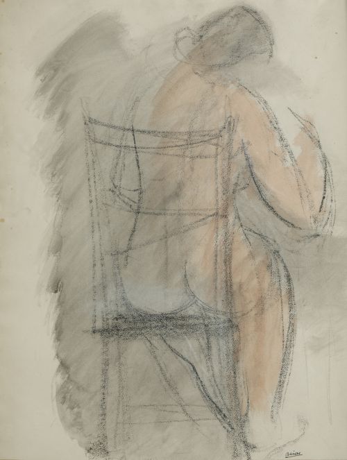 FRANCISCO ARIAS, "Desnudo sentado", Carboncillo y acuarela