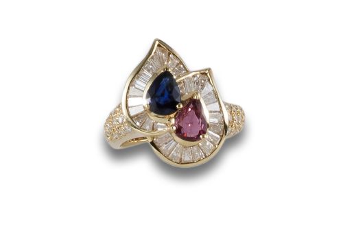 GOLD RING WITH CAZIR, RUBY AND DIAMONDS