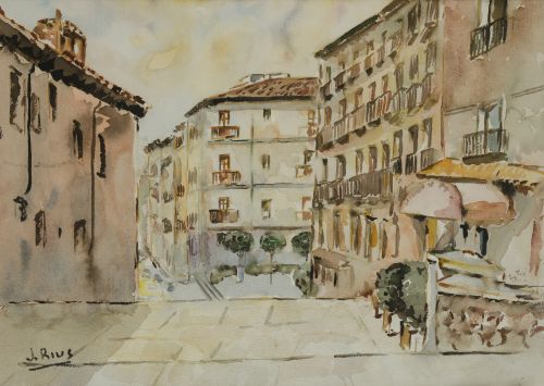 JOSÉ MARÍA RIUS GALINDO, "Vista de las calles", Acuarela so