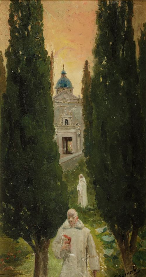 ESCUELA ESPAÑOLA, "Monjes", Óleo sobre tabla