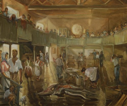 JESUS GALLEGO RODRIGUEZ, "La lonja", Óleo sobre cartón ente