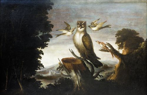 ESCUELA ESPAÑOLA , "Búho al amanecer", Óleo sobre lienzo.