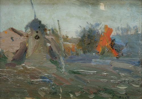 JOAQUÍN MIR TRINXET, "Paisaje con casa y pajar", Óleo sobre