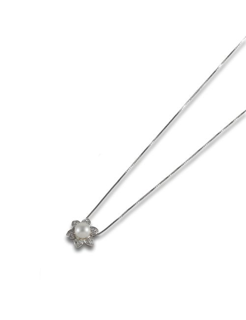 CADENA Y COLGANTE DE ORO BLANCO CON BRILLANTES Y PERLA