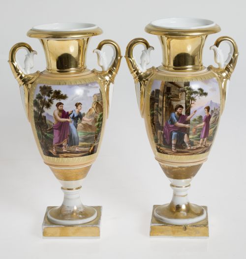  Pareja de jarrones en porcelana Viejo París S.XIX. 