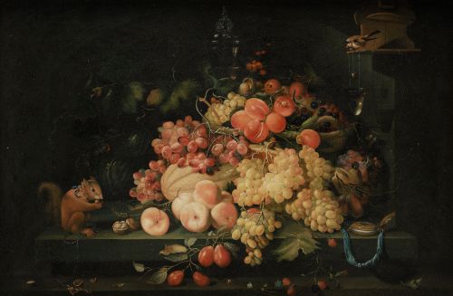 ANÓNIMO, "Bodegón con frutas y ardilla", Óleo sobre lienzo