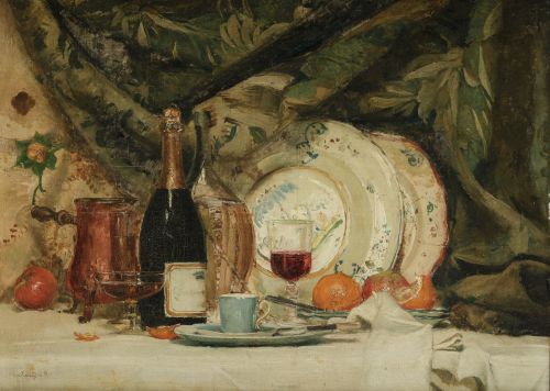 ESCUELA FRANCESA, "Bodegón con platos de cerámica y botella