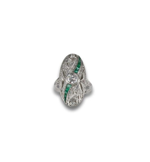 PLATINUM SHUTTLE RING WITH DIAMONDS AND EMERALDS