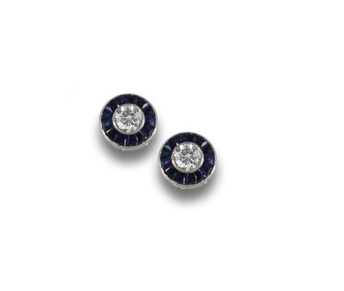 HALO EARRINGS IN PLATINUM WITH DIAMONDS AND SAPPHIRES