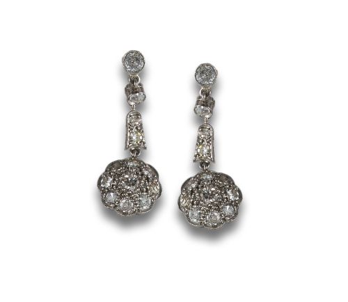 LONG PLATINUM EARRINGS WITH DIAMOND ROSETTES