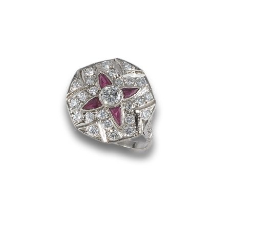 ART DECO STYLE RING IN PLATINUM, DIAMONDS AND RUBIES