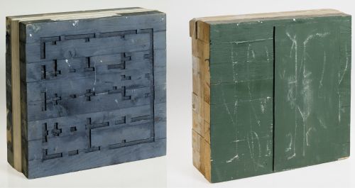 JORDI CANO, "1+1=1/U", 1991, Técnica mista sobre madera y p