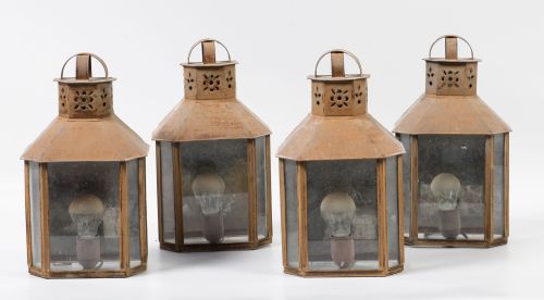 Four metal and glass wall lanterns, 20th century