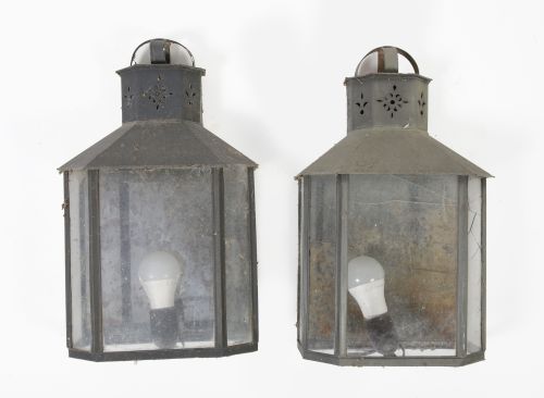 Pair of metal and glass wall lanterns, 20th century