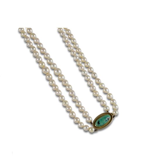 CULTURED PEARL, GOLD AND TURQUOISE NECKLACE