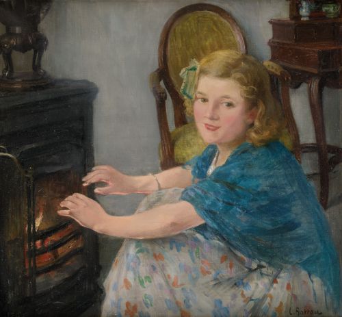 LAUREANO  BARRAU BUÑOL, "Niña en la estufa", Óleo sobre lie