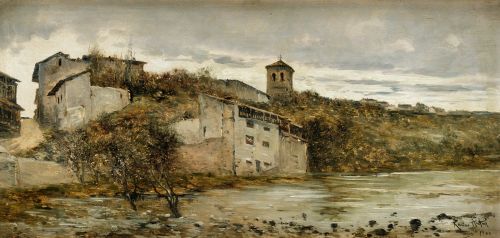 MANUEL RAMOS ARTAL, "Pueblo junto a un rio", 1900, Óleo sob