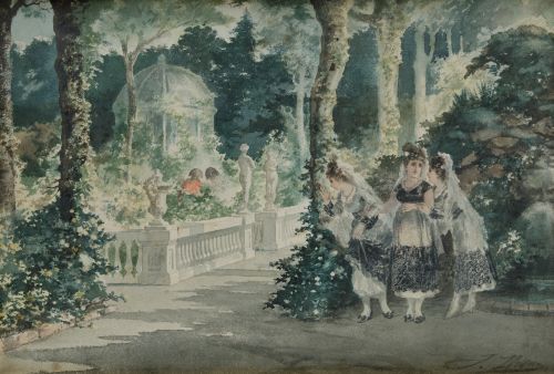 JOSE LLOVERA BOFILL, "Jovenes con mantilla en un parque", A