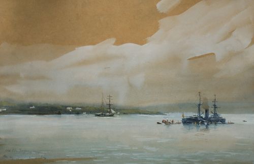 ANÓNIMO, "Barcos junto a la costa", 1914, Acuarela sobre pa