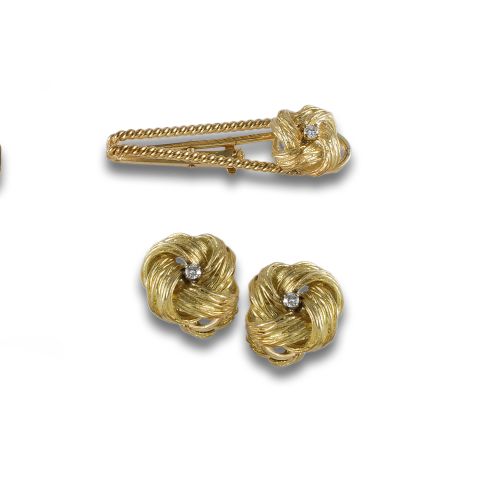 GOLD AND DIAMOND CUFFLINKS AND TIE CLIP SET