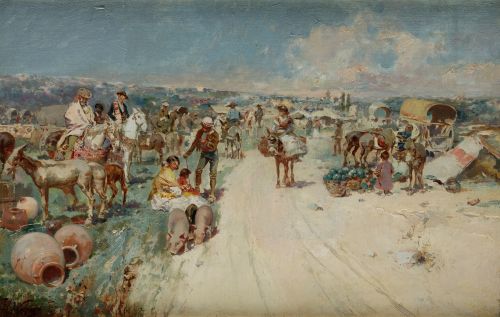 JOSÉ  NAVARRO LLORENS, "Romería", Óleo sobre lienzo adjerid