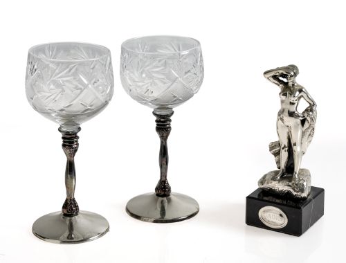 Two cut crystal goblets with metal stems and silver feet, 2