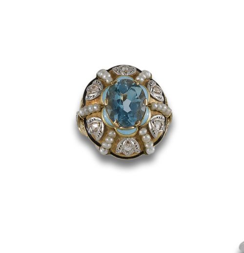 GOLD, TOPAZ, PEARL AND DIAMONDS RING
