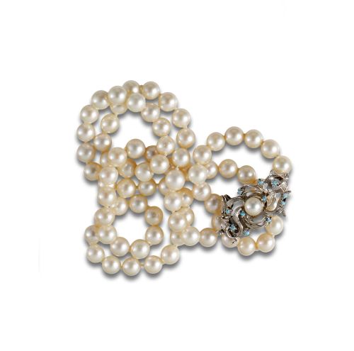 CULTURED PEARL, GOLD AND TURQUOISE NECKLACE