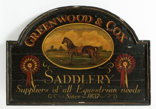 "Greenwood & Cox", painted wooden panel depicting an equest