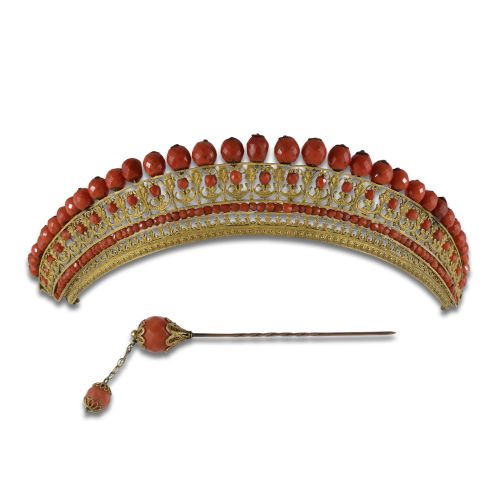 GOLDEN Bronze HEADBAND AND PIN WITH CORAL