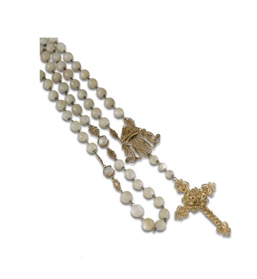 ROSARY OF FIVE MYSTERIES IN GILTED SILVER AND MOTHER-OF-PEA