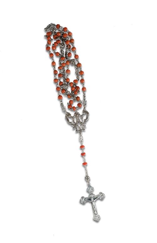 SILVER AND CORAL ROSARY